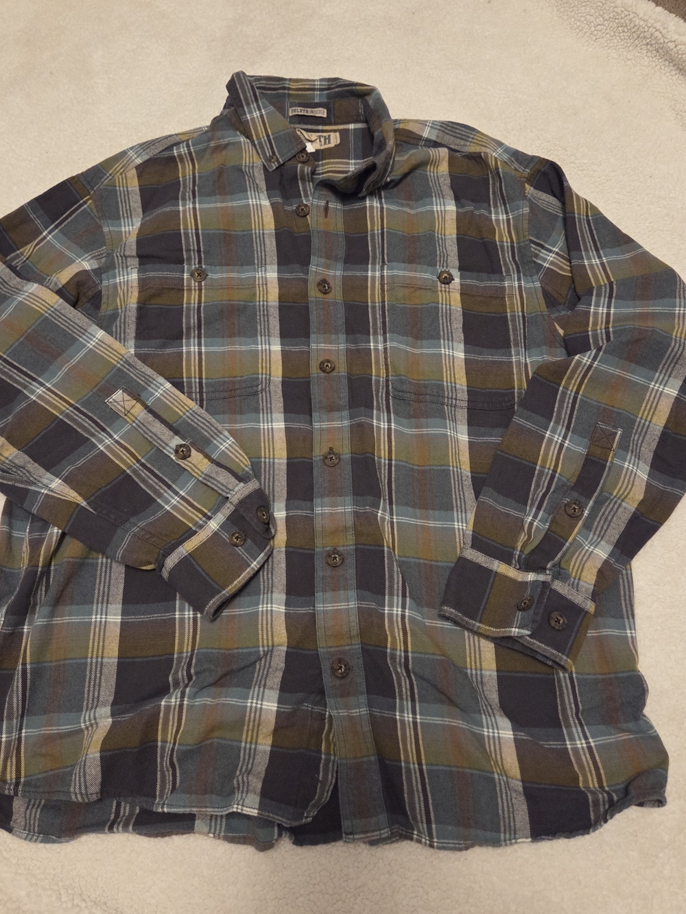Duluth Trading Co Plaid Button-Down Shirt in Navy, Olive, and Light Blue